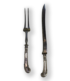 Dutch silver meat serving fork and knife with pistol handles decorated with acanthus leaves.